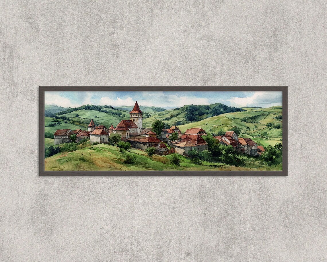 Viscri Romania Watercolor Travel Poster, Transylvania