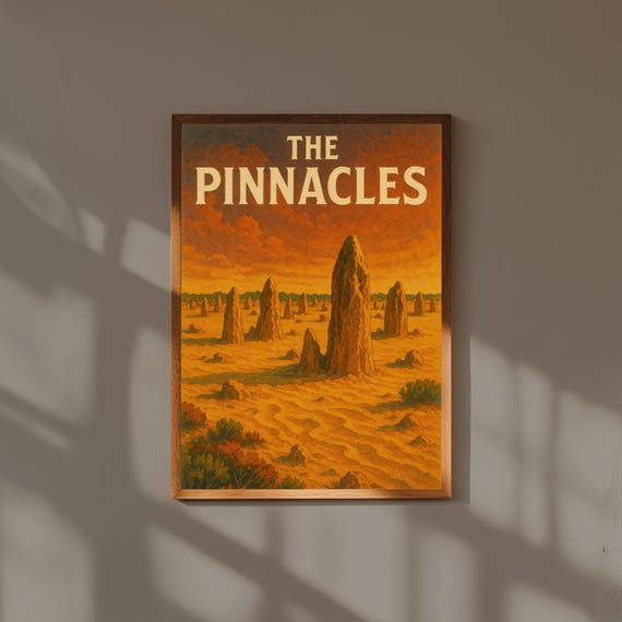 The Pinnacles Vintage Travel Poster Western Australia Desert Art Retro Landscape Wall Print Nambung National Park Illustration