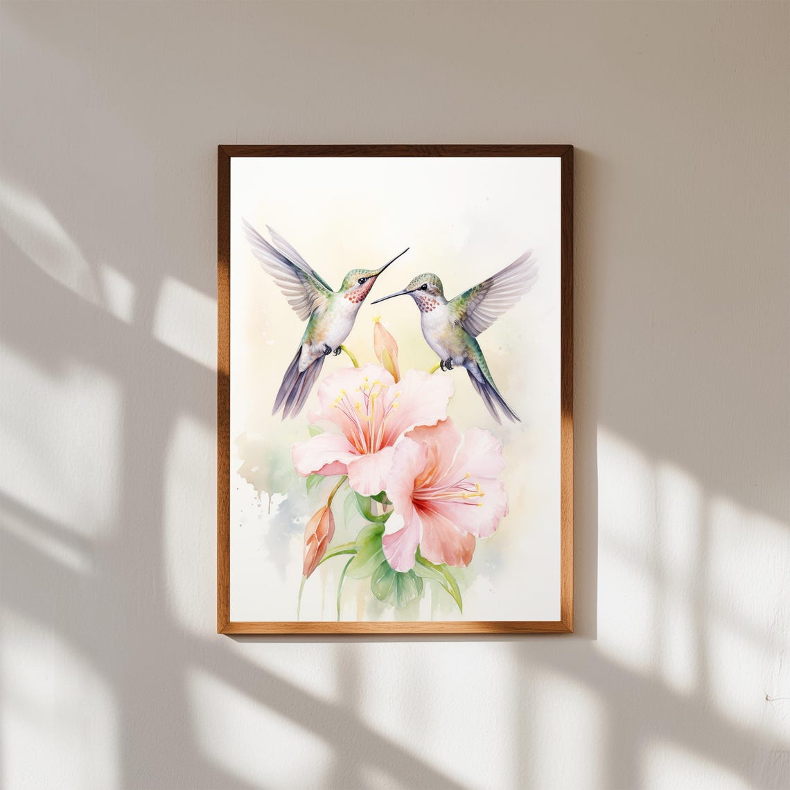 Two Hummingbirds Above Pink Hibiscus Watercolor Botanical Art Poster