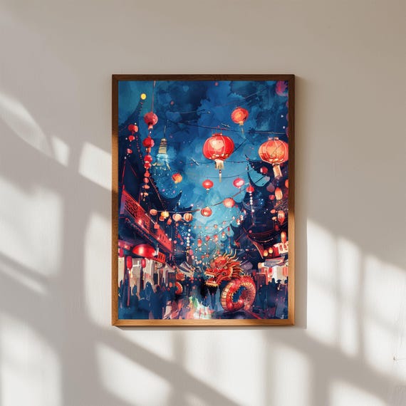 Chinese Lantern Street Night Dragon Parade Watercolor Art Poster