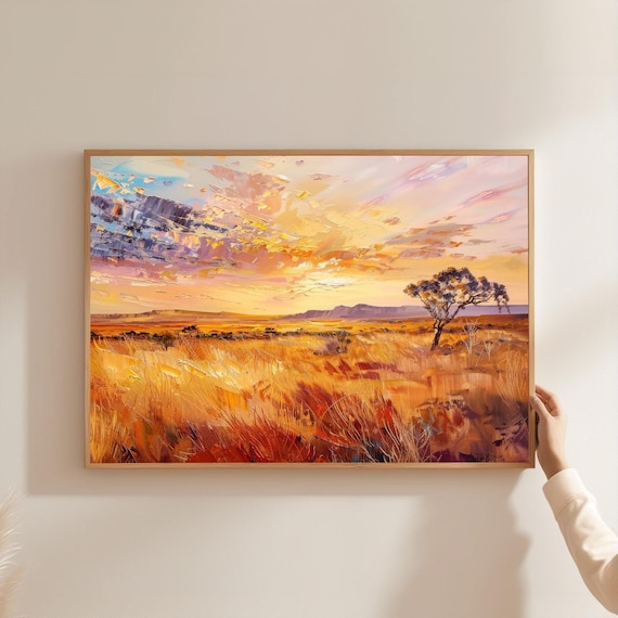 African Savanna Sunset Acacia Tree Golden Grass Oil Painting Poster
