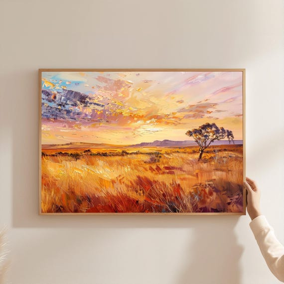 African Savanna Sunset Canvas Art Golden Oil Painting Style Landscape