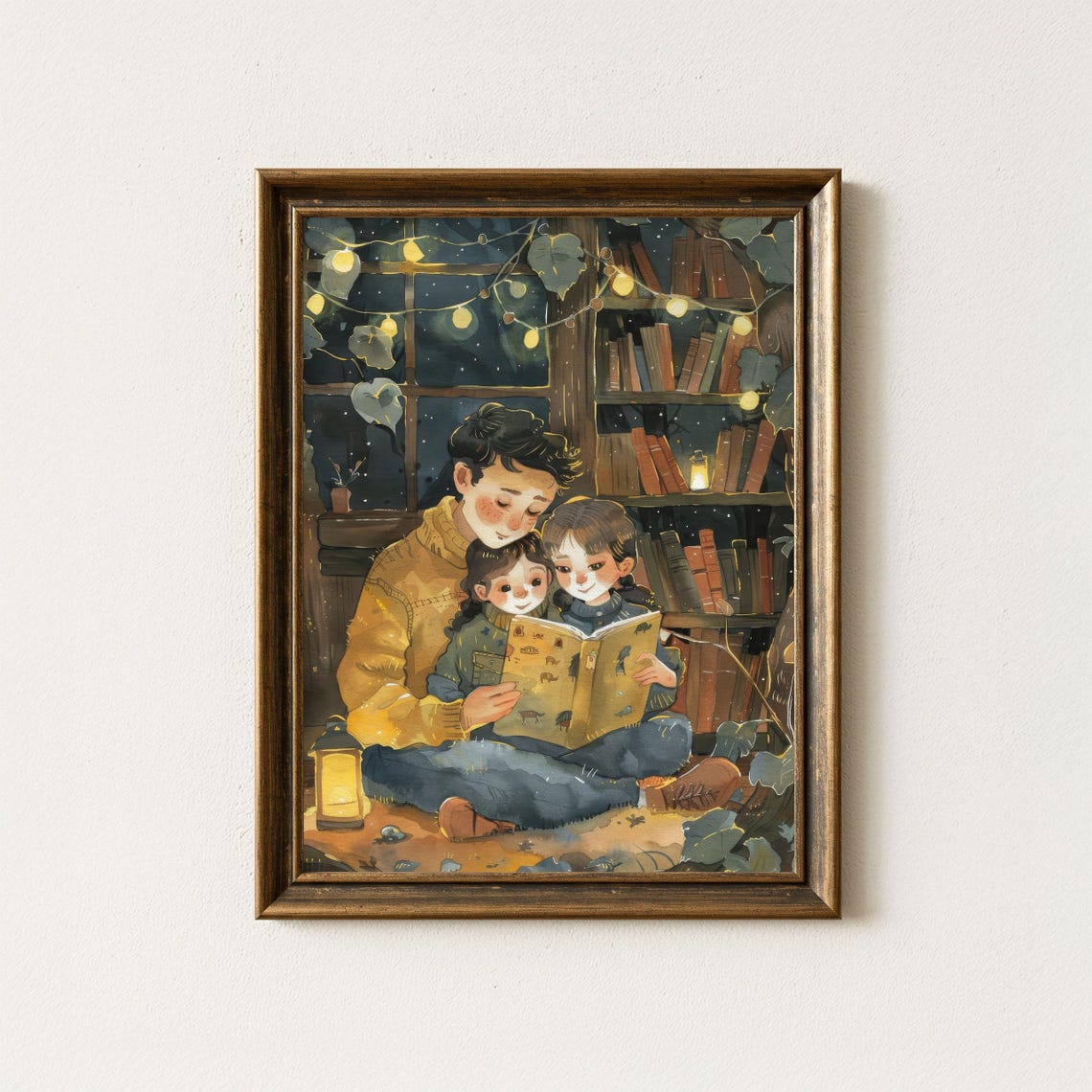 Cozy Mother Reading to Kids Night Library String Lights Art Poster