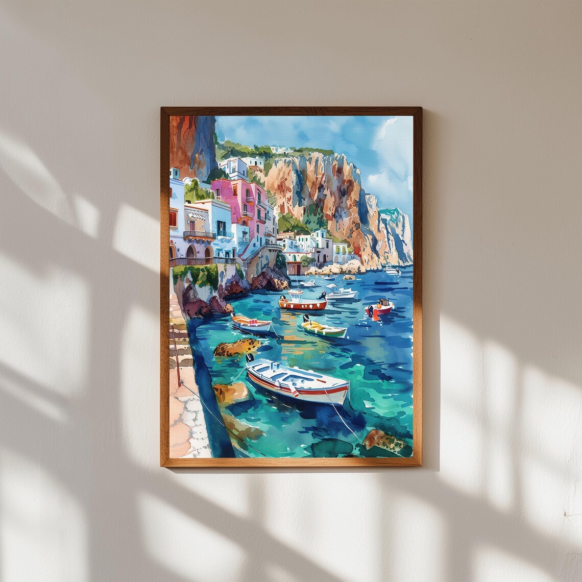 Capri Italy Coastal Village Boats Cliffs Mediterranean Art Poster