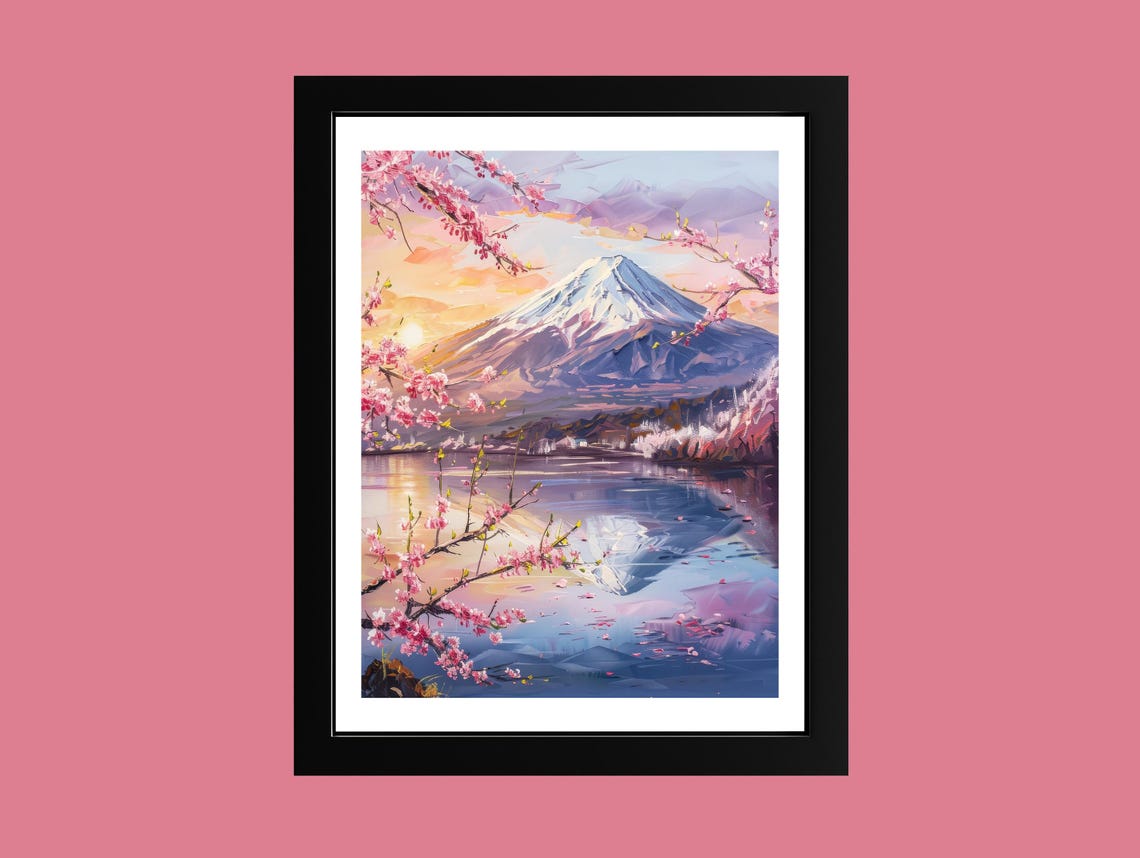 Mount Fuji at Sunrise Cherry Blossom Landscape Japanese Poster