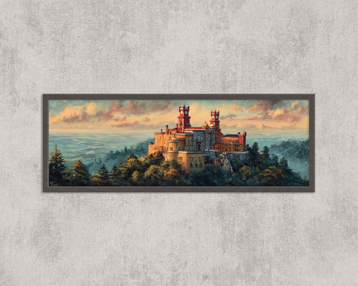 Pena Palace Portugal Sintra Colorful Castle Sunset Watercolor Poster