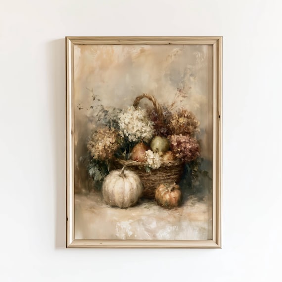 Autumn Harvest Basket Pumpkins Hydrangeas Fall Still Life Poster