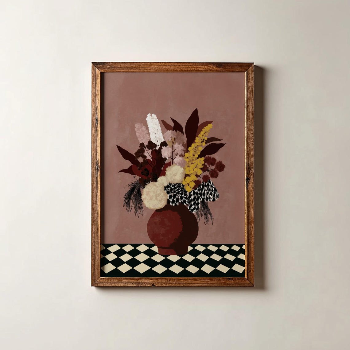 Burgundy Vase Dried Flowers Checkered Table Still Life Poster