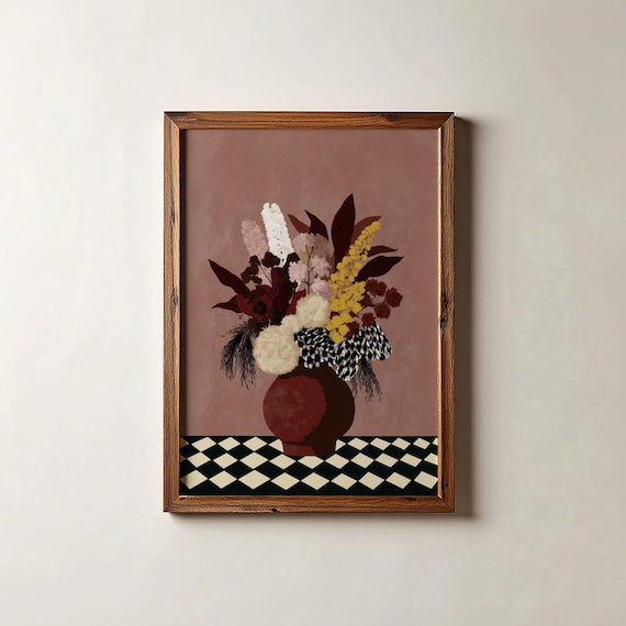 Burgundy Vase Dried Flowers Checkered Table Still Life Poster