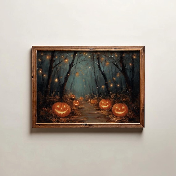 Glowing Jack O Lanterns on Dark Forest Path Moody Halloween Poster