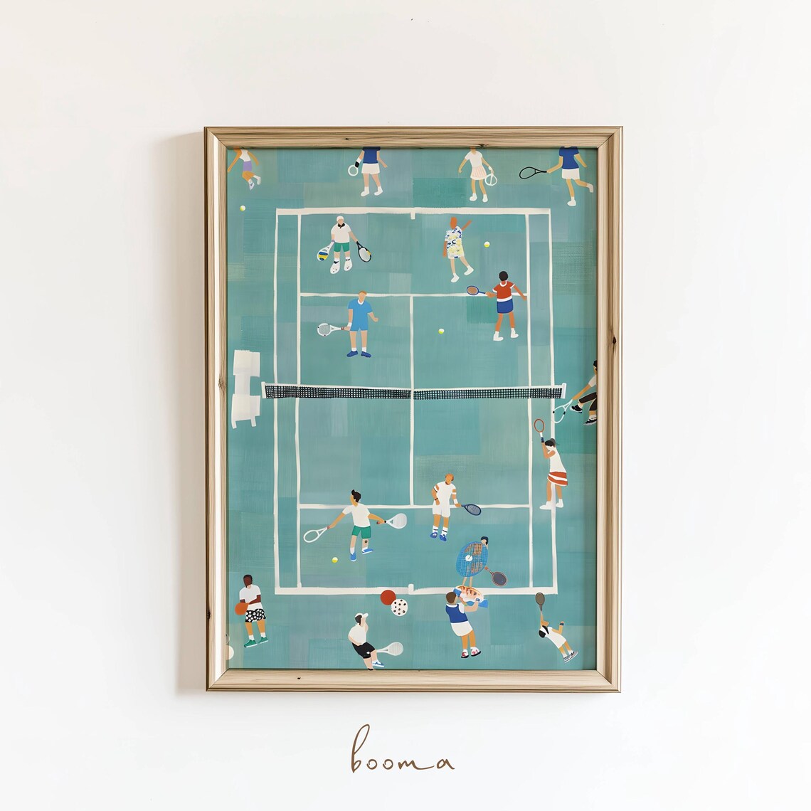 Tennis Court Aerial View with Players Colorful Sports Art Poster