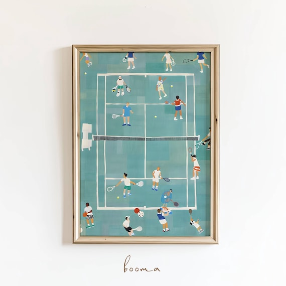 Tennis Court Aerial View with Players Colorful Sports Art Poster
