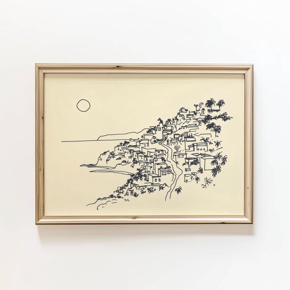 Minimalist Mediterranean Coastal Town Ink Sketch Hilltop Village Poster