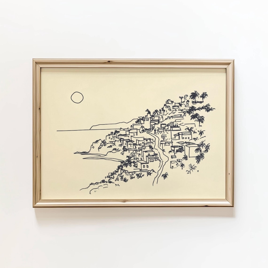Minimalist Mediterranean Coastal Town Ink Sketch Hilltop Village Poster