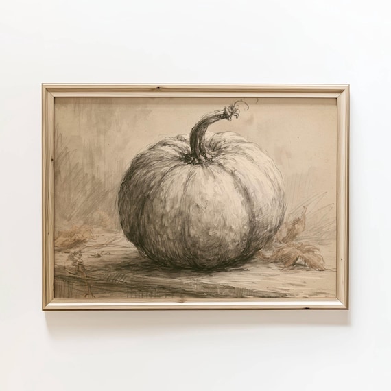 Vintage Sepia Pumpkin Sketch Rustic Fall Harvest Drawing Art Poster
