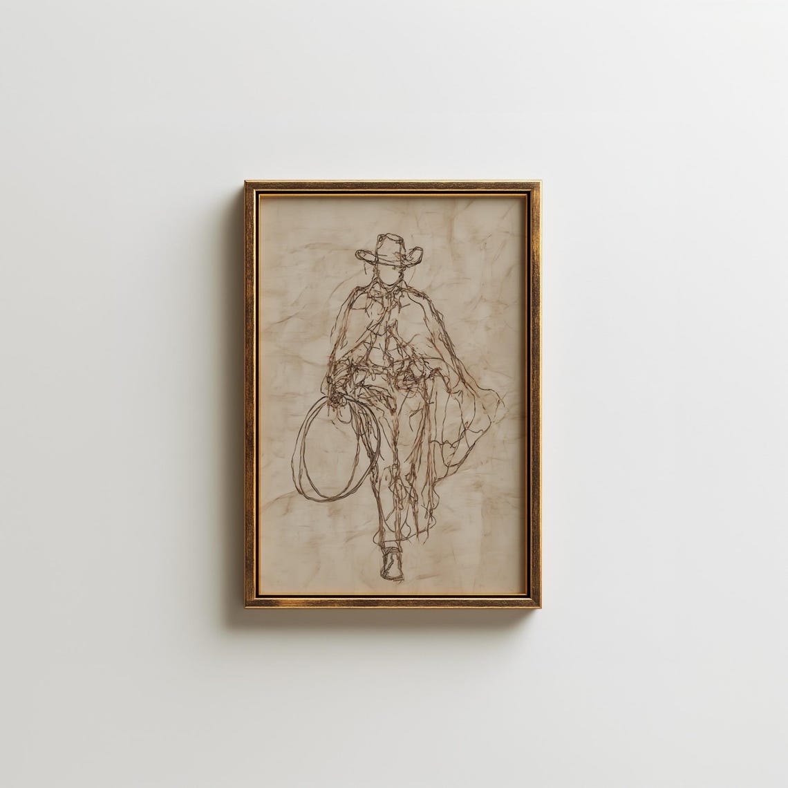 Minimal Cowboy Line Art Sketch With Lasso Western Style Poster