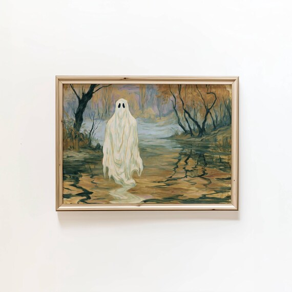 Cute Ghost in Misty Autumn Forest Vintage Halloween Art Poster
