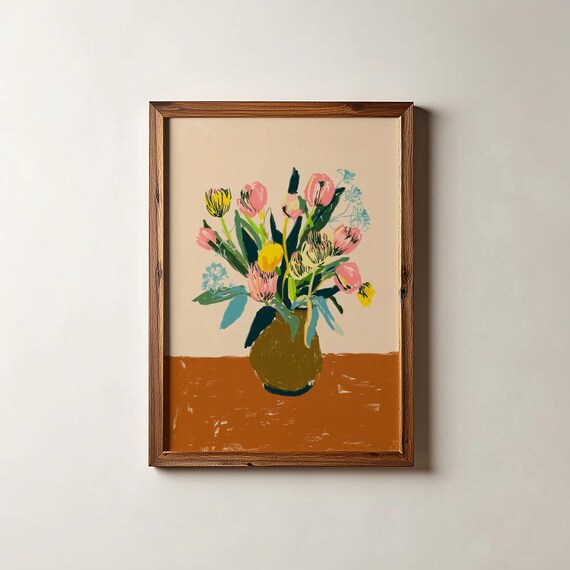 Painterly Tulip Bouquet Print Pink Yellow Green Vase Modern Floral Art