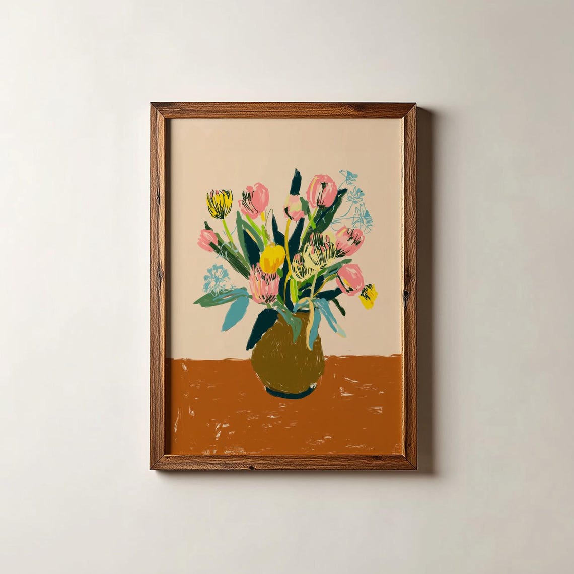 Painterly Tulip Bouquet Print Pink Yellow Green Vase Modern Floral Art
