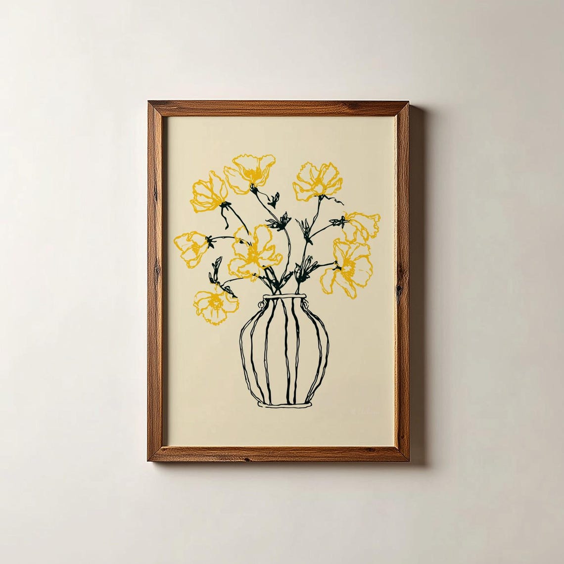 Yellow Flowers Minimalist Line Art Print Cream Vase Botanical Decor