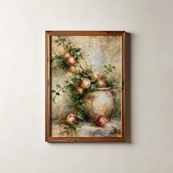 Moody Apple Branch Still Life Oil Painting Rustic Vase Fall Poster