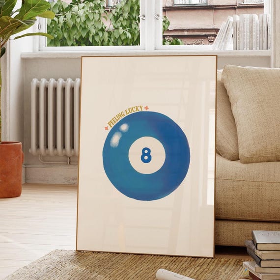 Blue Vintage 8 Pool Ball Print Retro Handdrawn Girly Wall Art Trendy Bar Cart Poster Lucky Girl Apartment