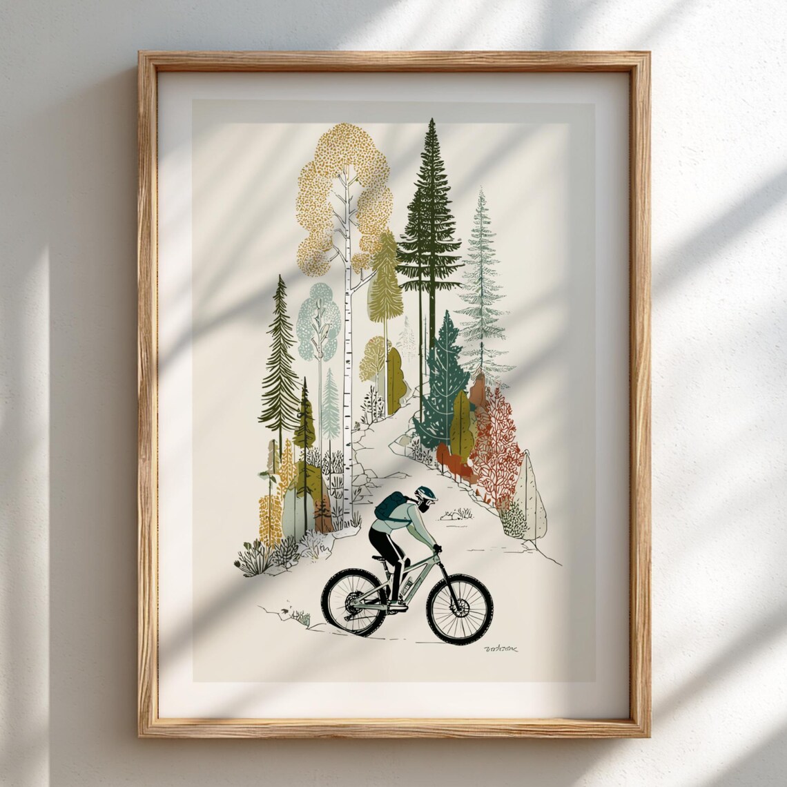 Mountain Biker Forest Trail Modern Line Art Illustration Poster