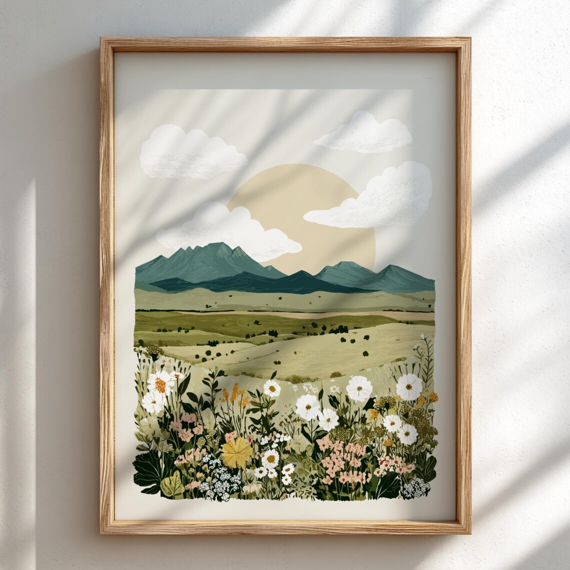 Sunlit Mountain Valley Wildflower Meadow Beige Landscape Poster