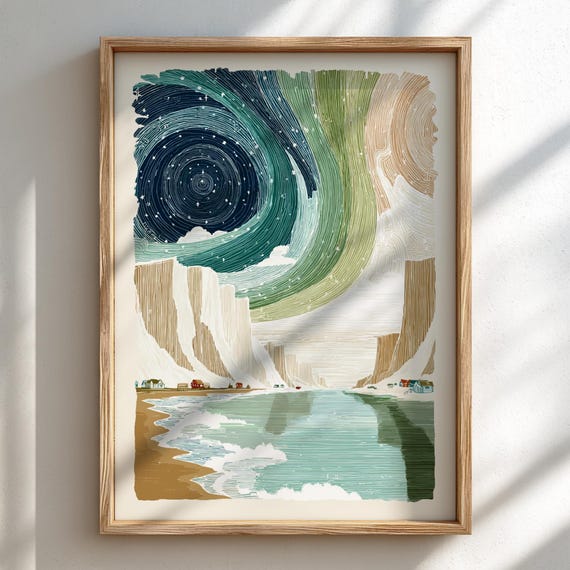 Cliffside Aurora Dance Pastel Borealis Poster Serene Nature Wall Decor Print
