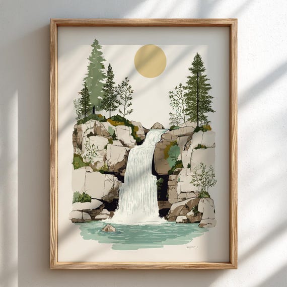 Golden Cascade Pastel Waterfall Poster Serene Nature Wall Decor