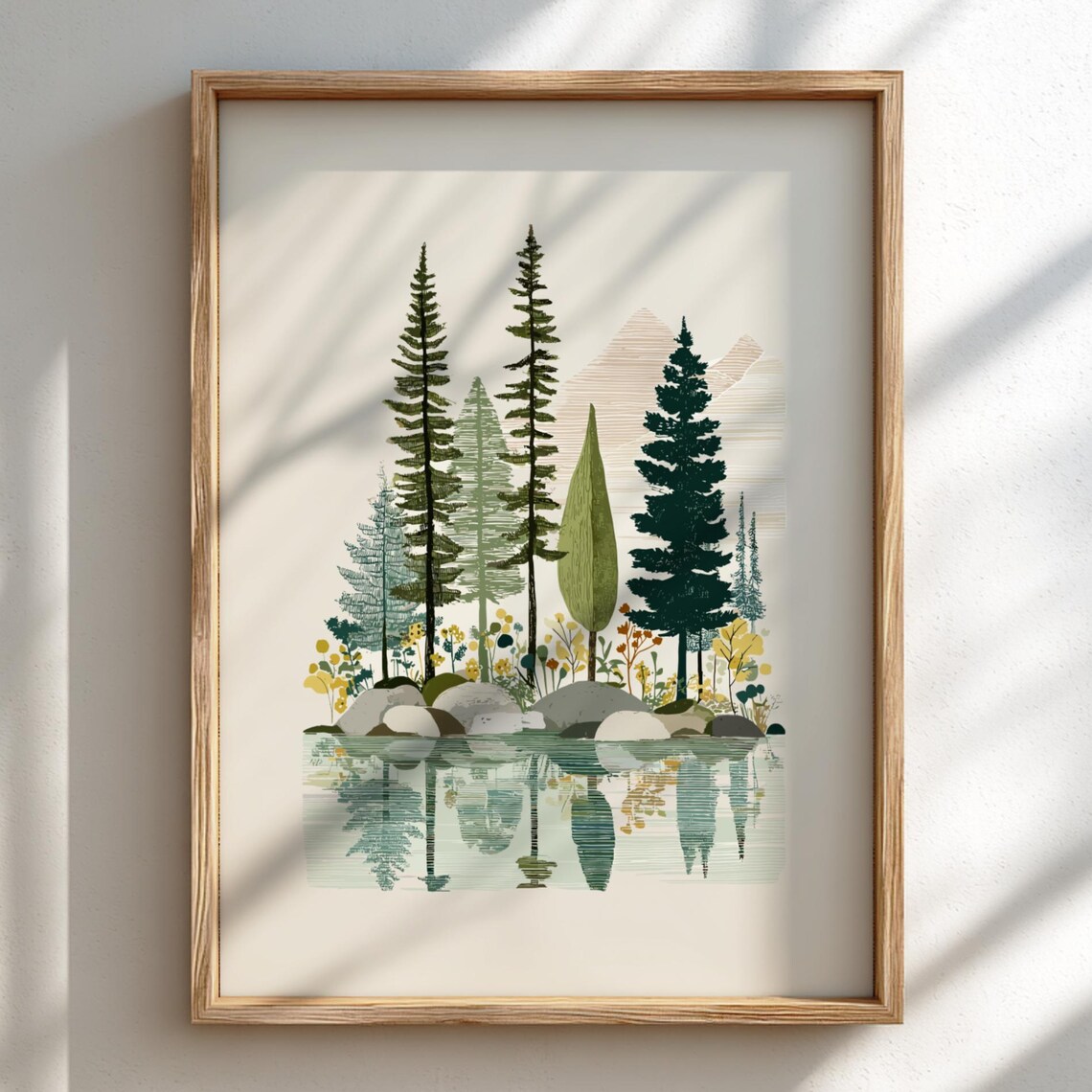 Pastel Forest Art Print, Serene Evergreen Nature
