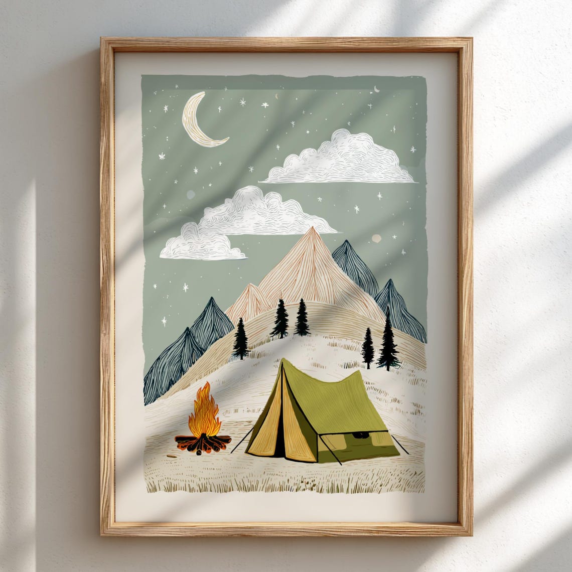 Camp Under The Moon Pastel Camping Poster Serene Nature Wall Decor Print