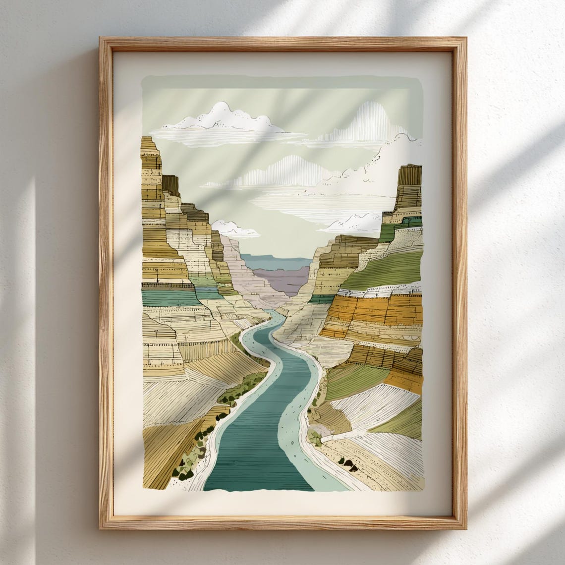 Canyon River Twilight Pastel Cliffs Winding Stream Illustration Print