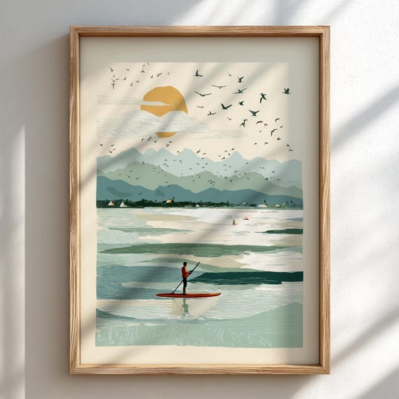 Pastel Paddle Boarding Art Print Serene Lake Nature Wall Decor