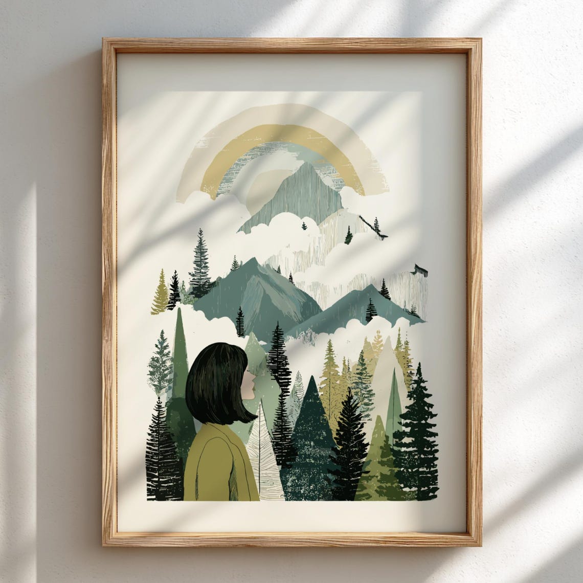 Misty Summit Whisper Pastel Forest View Poster Serene Nature Wall Decor