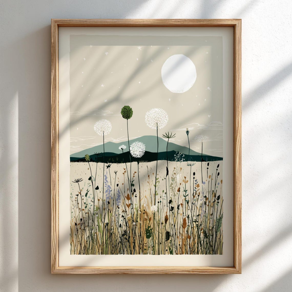 Pastel Meadow Moon Art Print Serene Nature Wall Decor