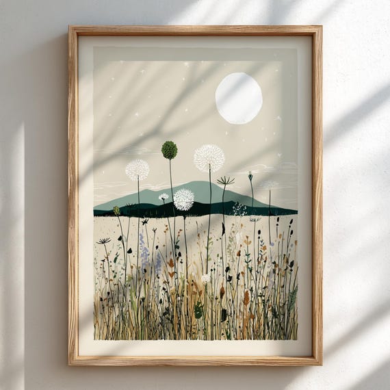 Pastel Meadow Moon Art Print Serene Nature Wall Decor