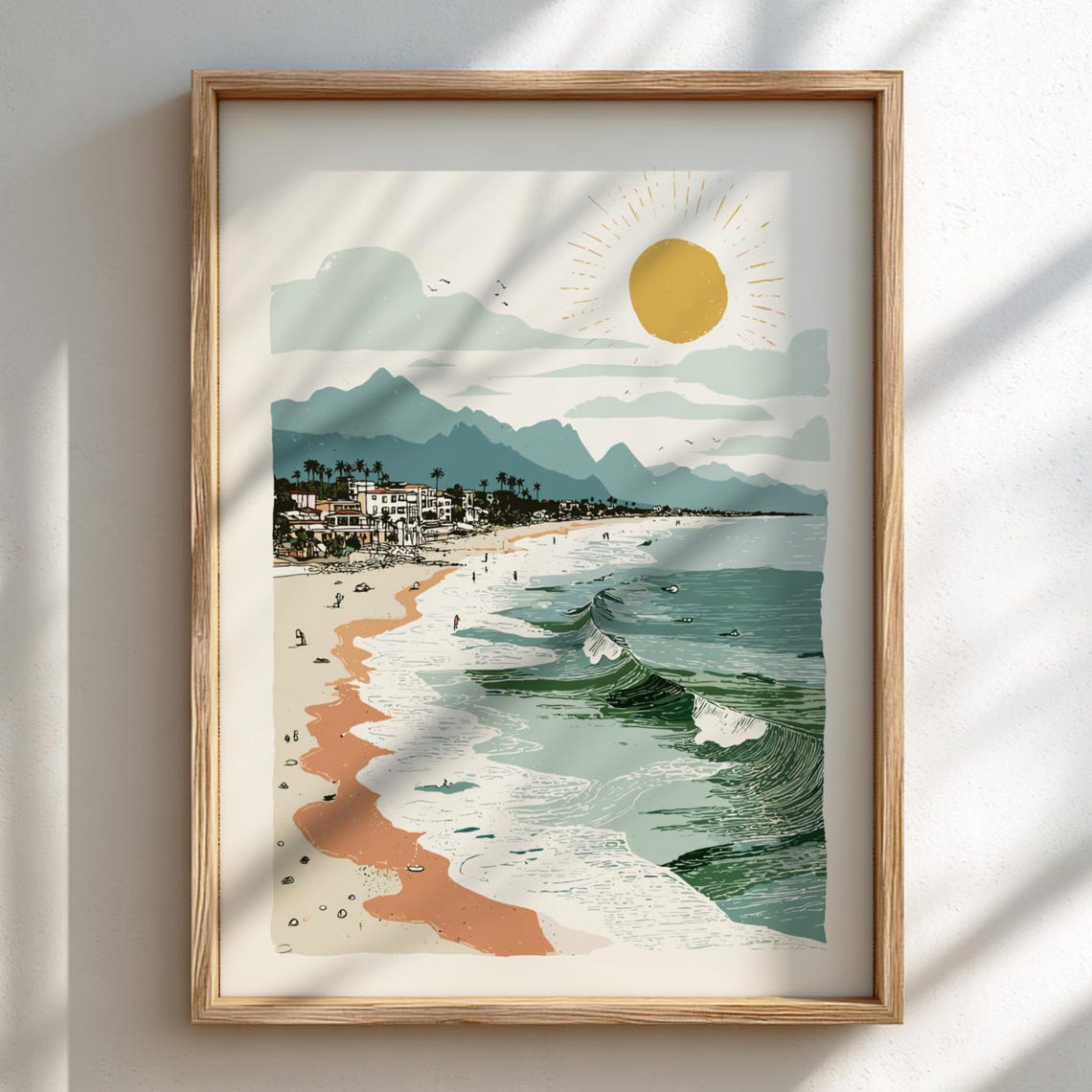 Pastel Coastal Beach Town Surf Wave Illustration Seaside Wall Art