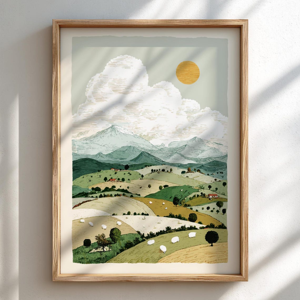 Sunlit Highland Sheep Pasture Rolling Hills Mountain Farm Poster