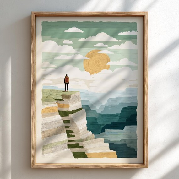 Climb To Sunrise Pastel Hiker Silhouette Canyon Cliff Wall Art