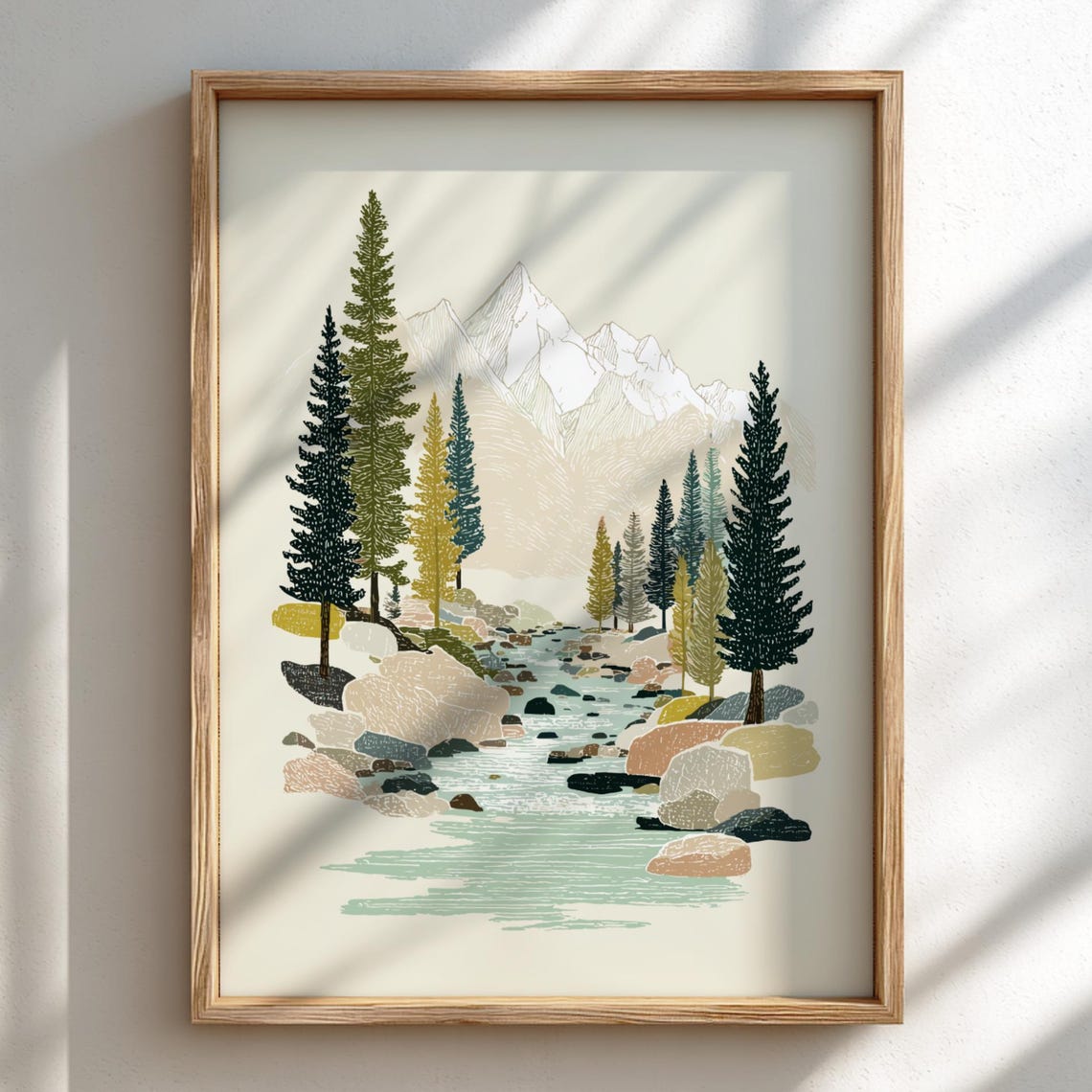 Brookside Pines Mountain Stream Evergreen Forest Pastel Wall Art