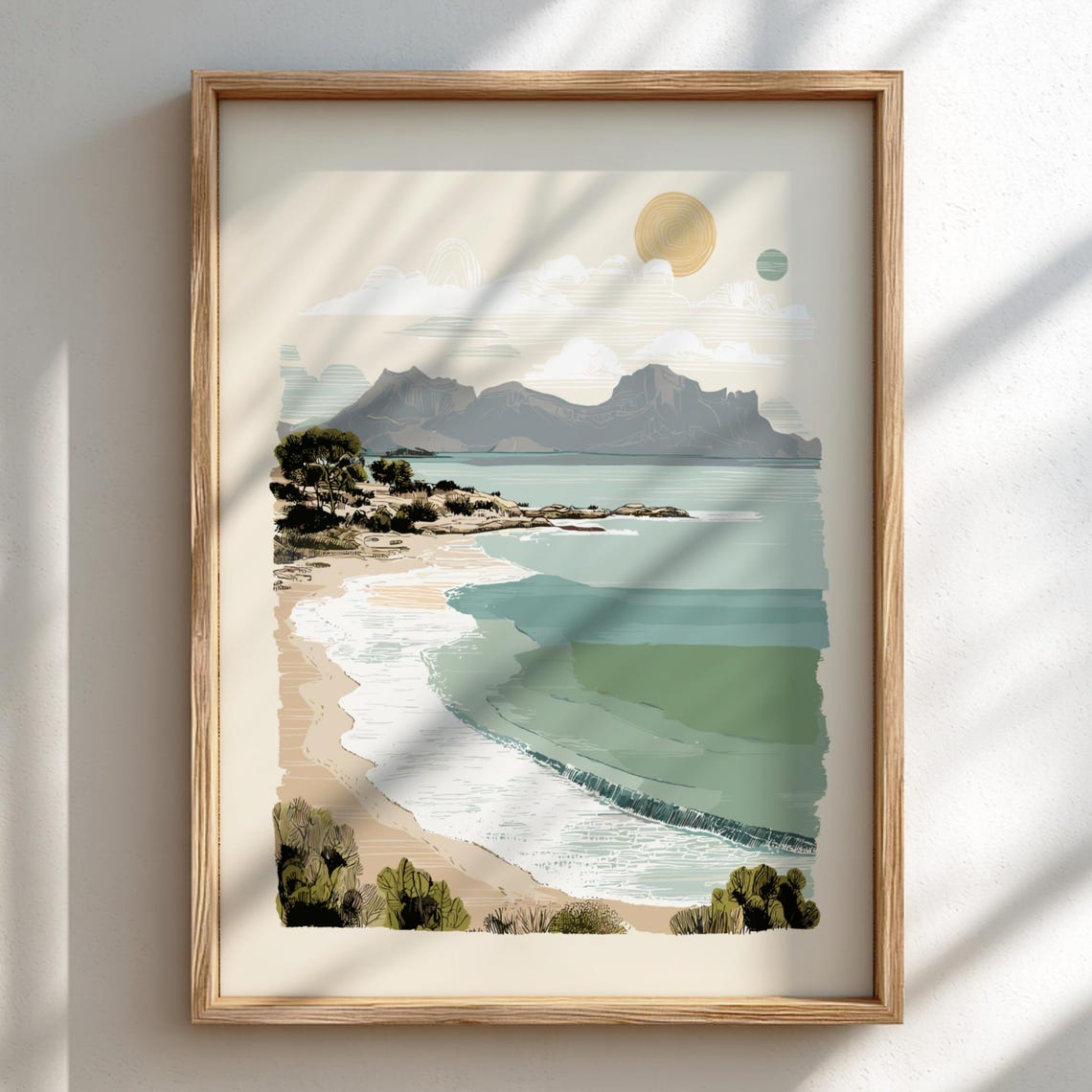 Pastel Beach Cove Sunlit Mountain Shore Coastal Illustration Poster