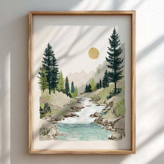 Pastel Pine Forest Print Serene Creek Landscape Wall Decor