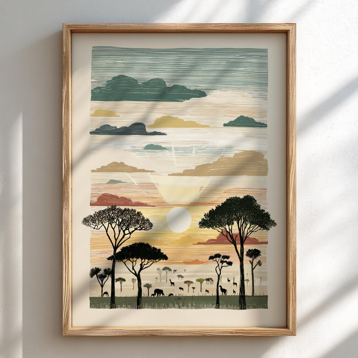 Savanna Twilight Wall Art Acacia Trees Sunset Pastel African Landscape