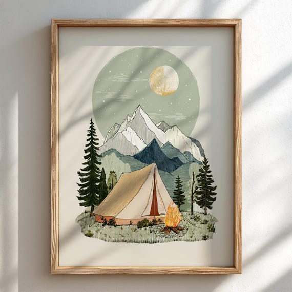 Campfire Horizon Glow Pastel Camping Poster Serene Nature Wall Decor Print