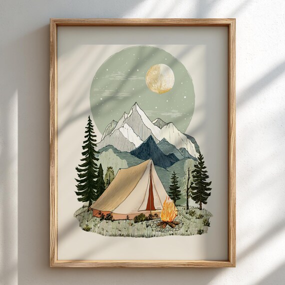 Mountain Camping Tent Campfire Full Moon Pines Adventure Illustration Poster