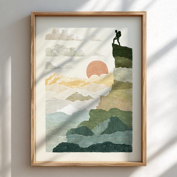 Climb To Sunset Pastel Climbing Poster Serene Nature Wall Decor