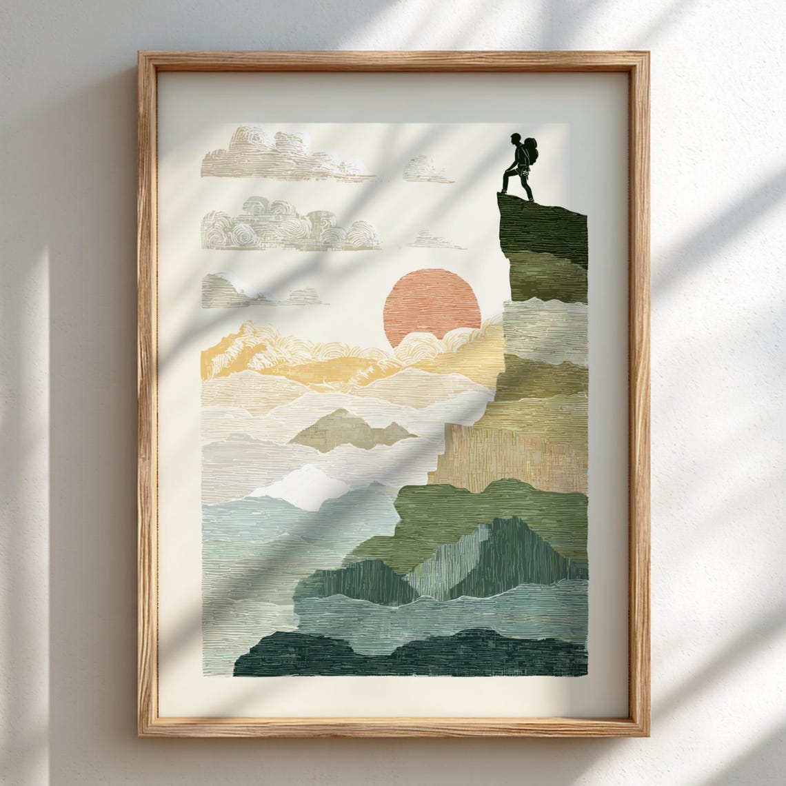 Climb To Sunset Pastel Hiker Silhouette Mountain Cliff Wall Art