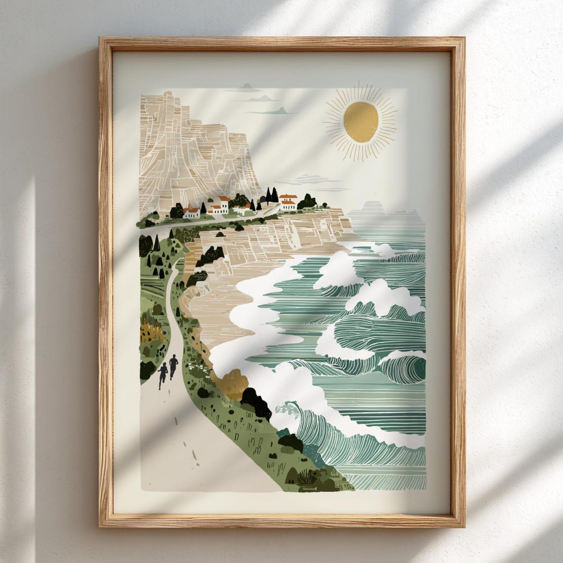 Sunlit Cliffside Coastal Village Pastel Seaside Landscape Poster