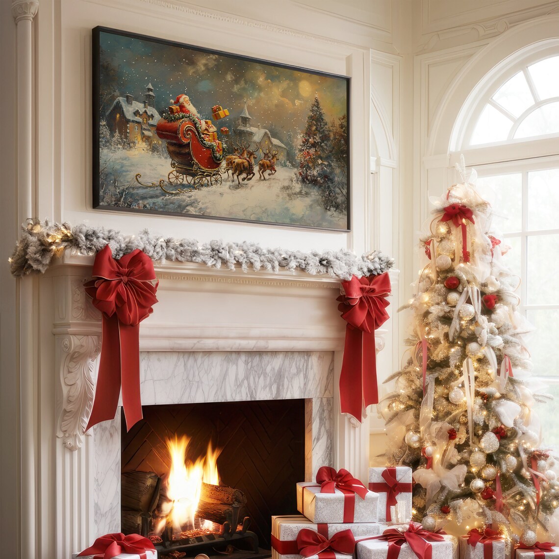 Vintage Santa Sleigh Gifts Reindeer Snowy Night Christmas Tree Poster - Image 3